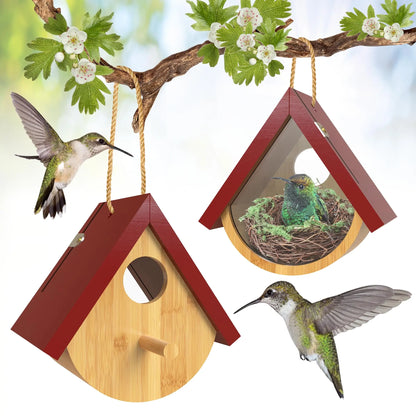 2 Pack Hummingbird House, Window View Wooden Bird Houses for outside Hummingbird Houses for Nesting, Hanging Chickadee House for Indoor Outdoor with Hemp Ropes
