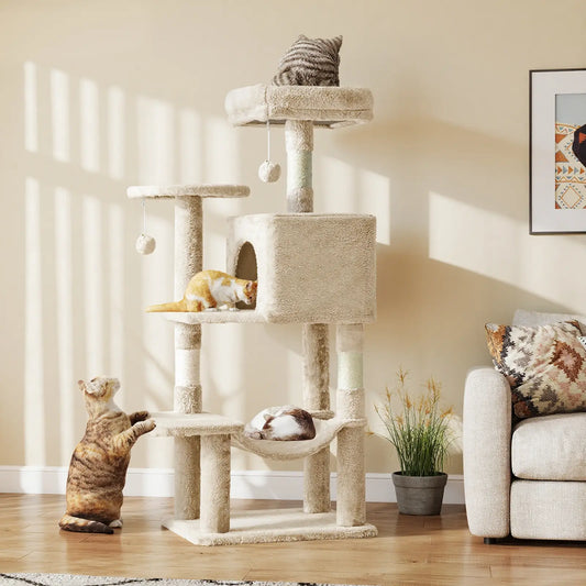Beige Cat Tree with Hammock and Hideout Condo - 44-Inch Plush Lounging Tower for Napping and Relaxation